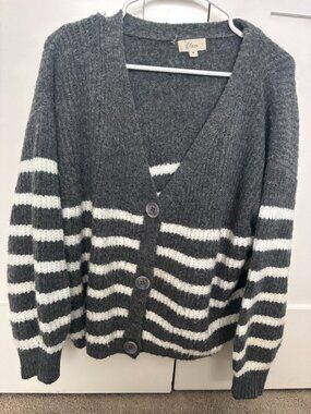 ELAN Striped Knit Button-Down Cardigan Sweater - Charcoal / White (Medium)